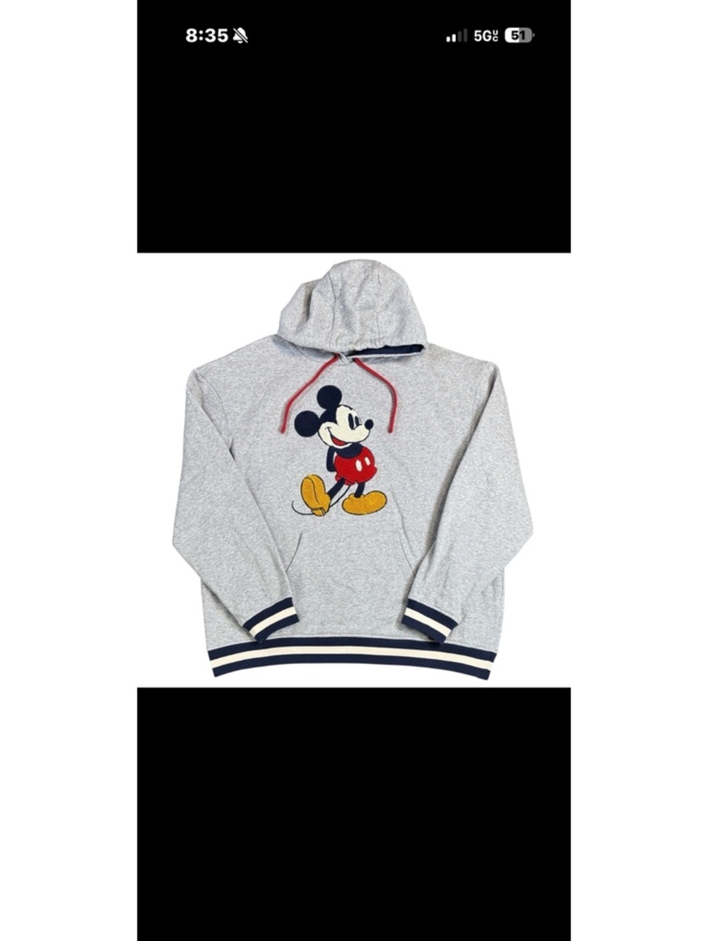 Disney Original Mickey Mouse Hoodie Sweatshirt Gray with Red Drawstrings XL